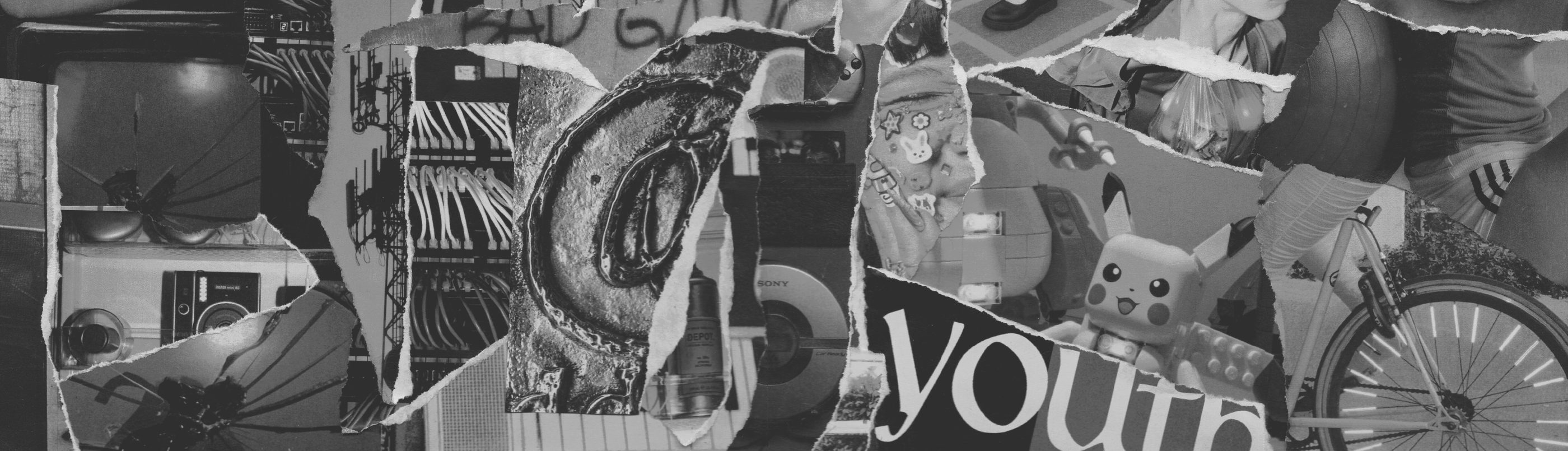 Torn-paper collage of youth culture: a broken umbrella, cables, a vinyl record, Pikachu, the word youth and a bicycle wheel