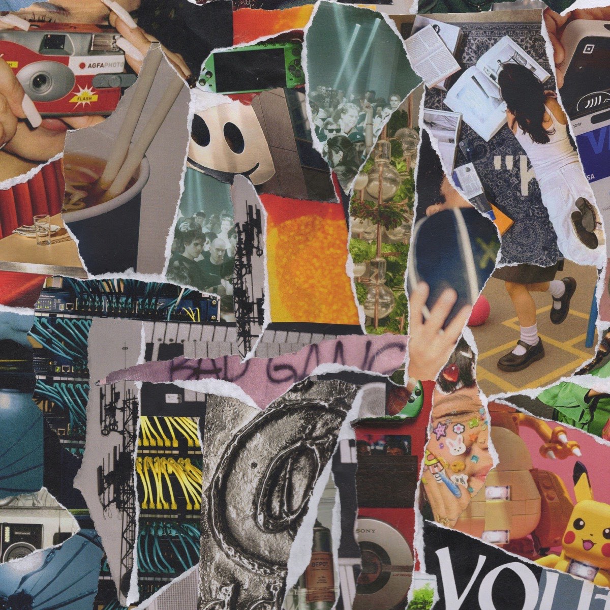 Torn-paper collage of youth culture: disposable camera, stickers, phones and thrifted objects